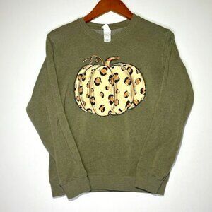 Women's Jane Marie‎ Green Leopard Print Fall Pumpkin Pullover Sweater Sz S